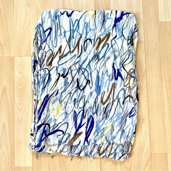 Brown Blue and White Abstract Pattern Print Thin Knit Scarf Shawl with Fringe - Picture 11 of 11